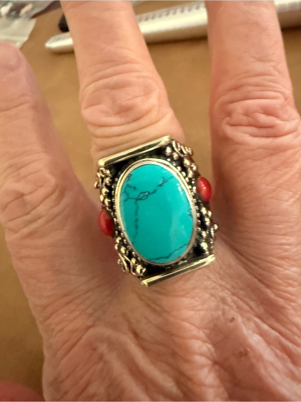 Tibetan Silver Ring with Turquoise, Red Coral. Size 9 - Picture 5 of 7